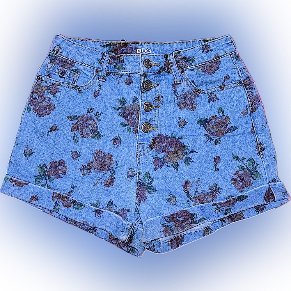 BDG UO Super High Rise foxy rose print denim shorts 26
